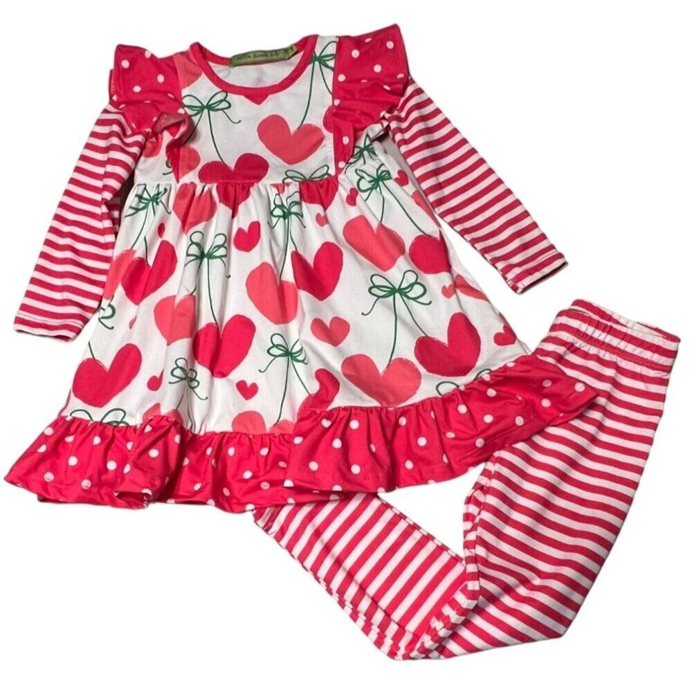 millie loves lilly Heart Ruffle Outfit Girls Size 2 Matching Set with Stripe Leg